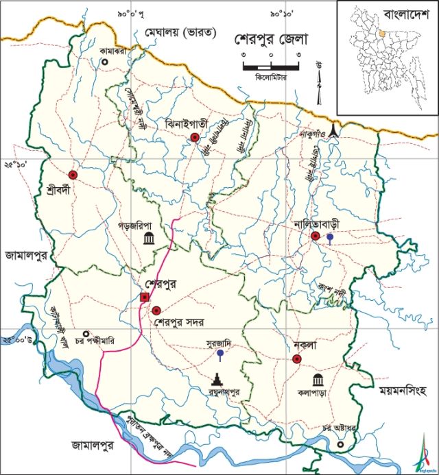 শেরপুর জেলার মানচিত্র , শেরপুর জেলার অবস্থান আয়তন