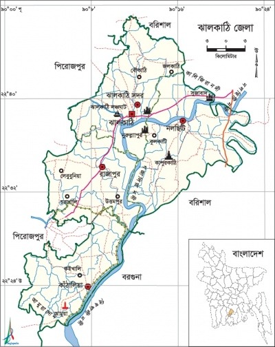 ঝালকাঠি জেলা মানচিত্র, Jhalokathi district map, ঝালকাঠি অবস্থান, Jhalokathi geographic boundary, ঝালকাঠি জেলা আয়তন